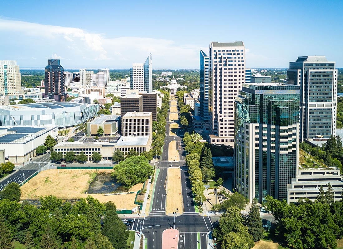 Sacramento, CA - Aerial View of Sacramento, CA With Office Buildings and Trees